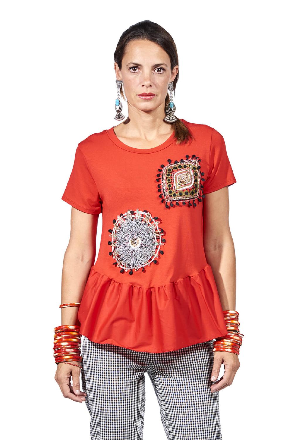 Save The Queen T-shirt Rossa Con Ricami E Balza In Tessuto