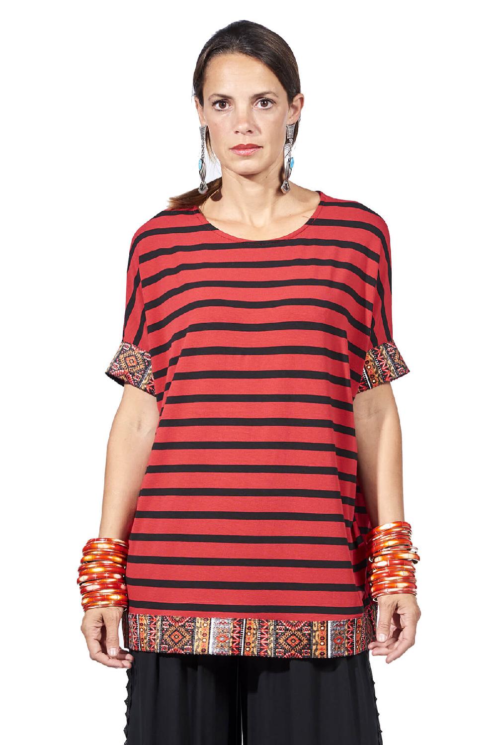 Save The Queen T-shirt rossa con righe nere e passamaneria