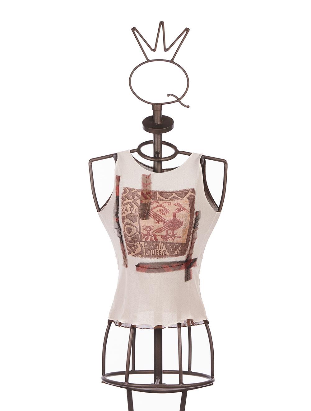 Save The Queen Top in tulle avorio e marrone con stampa