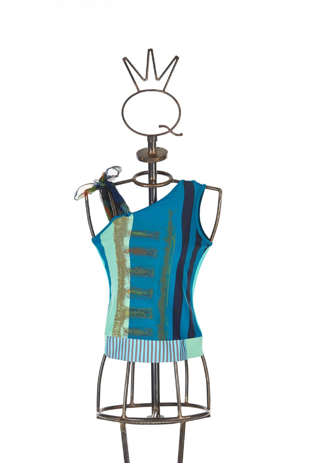 Save The Queen top monospalla in jersey a righe con stampa