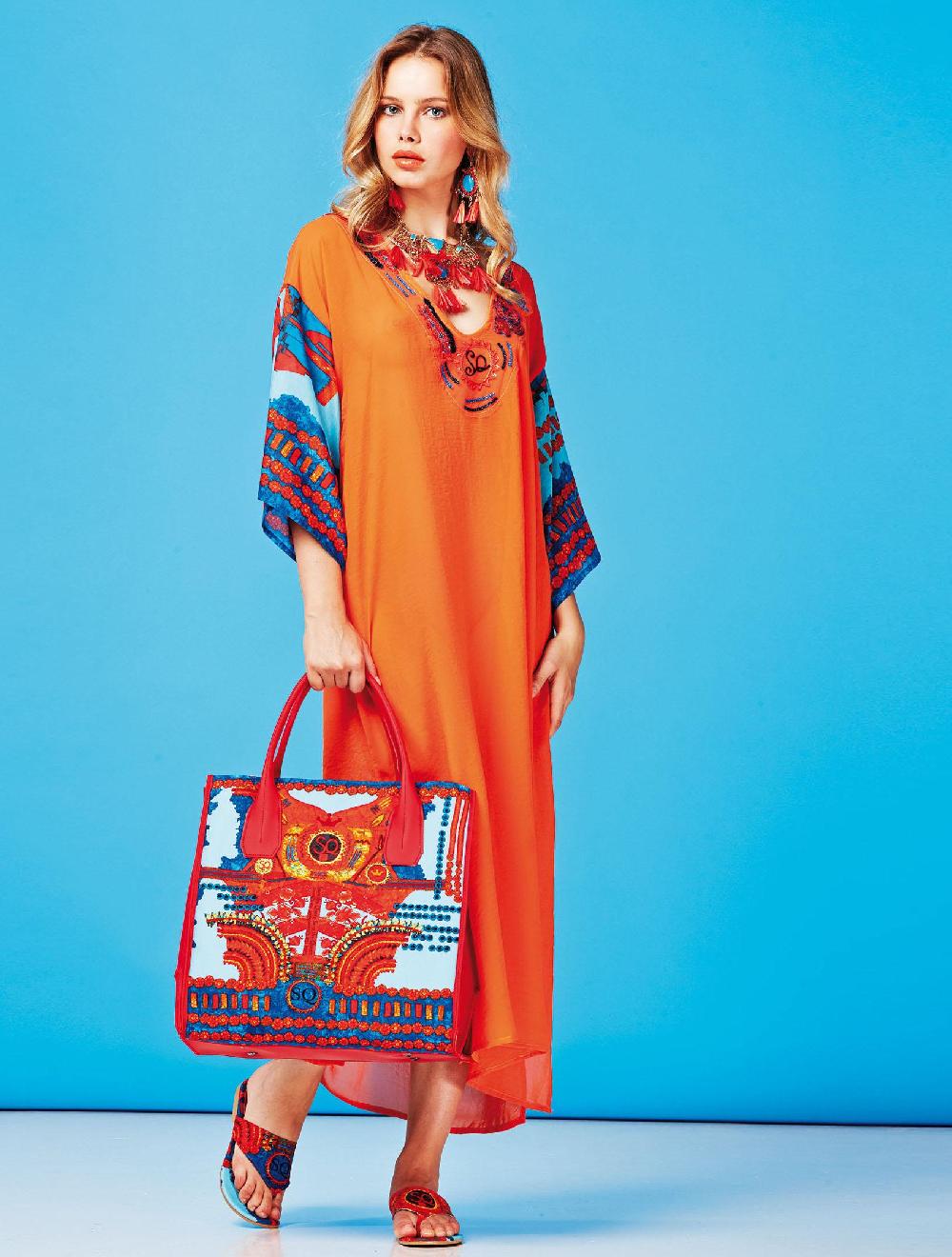 Save The Queen Tunica arancio con ricamo tessile e maniche stampate