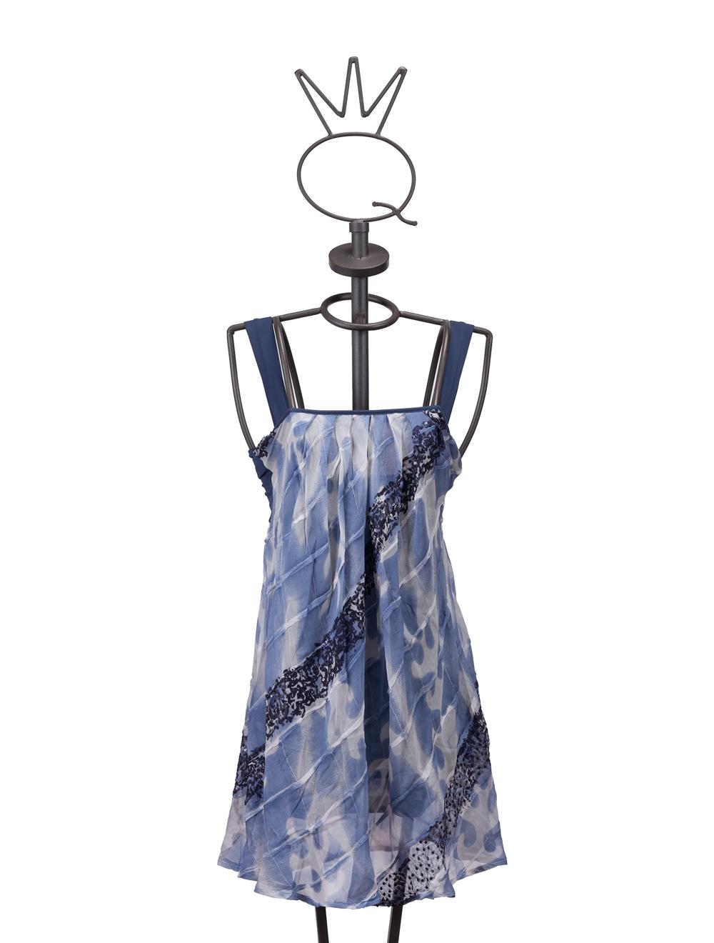 Save The Queen Tunica di seta blu scuro con stampa e ricamo di paillettes