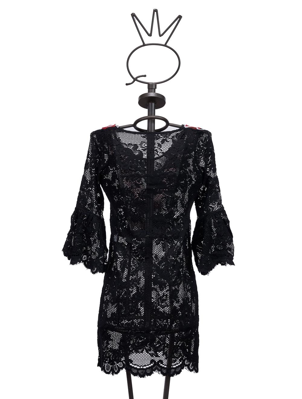 Save The Queen Tunica Nera In Pizzo Di Viscosa Con Applicazioni