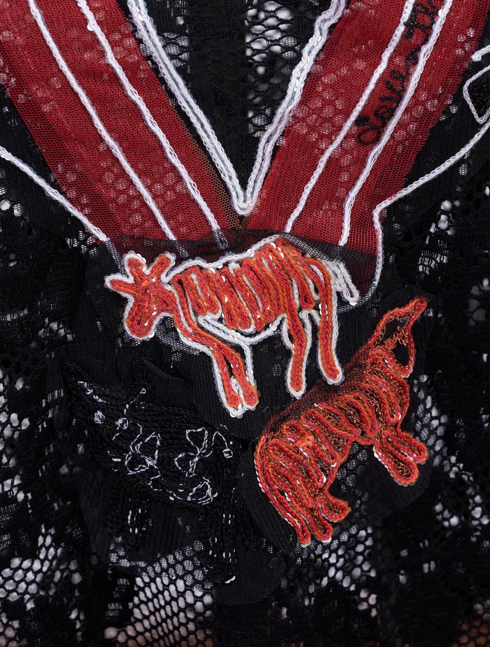 Save The Queen Tunica Nera In Pizzo Di Viscosa Con Applicazioni