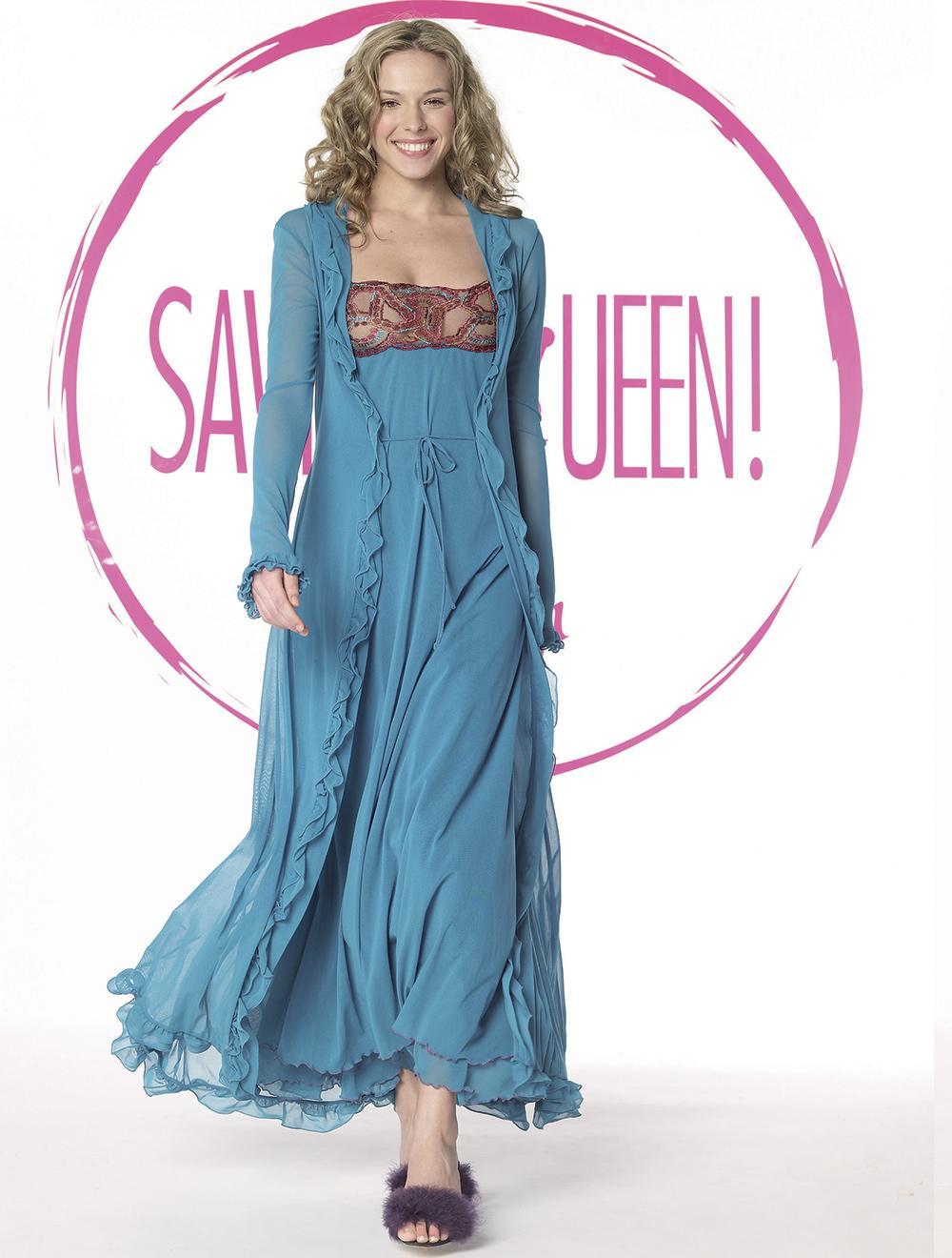 Save The Queen Vestaglia blu petrolio con ruches e ricamo