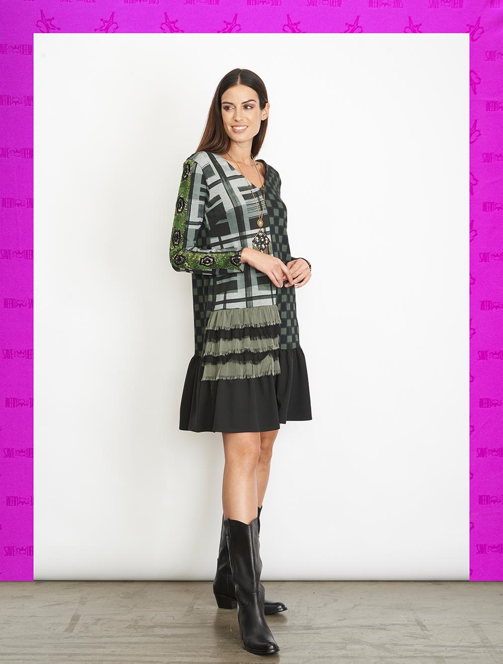 Save The Queen Vestito Corto Con Stampa A Quadri Rouches E Ricami