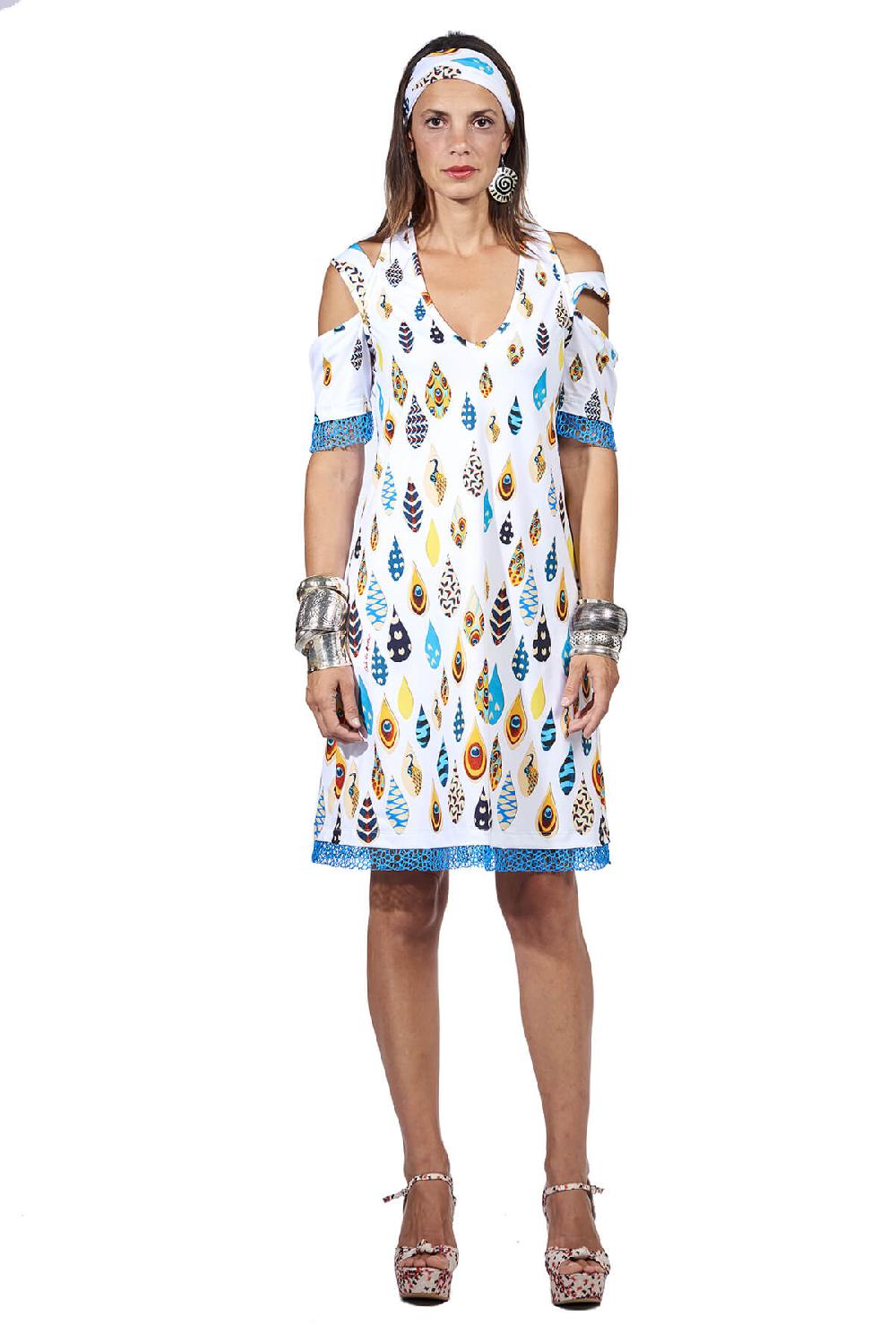 Save The Queen Vestito corto in jersey con stampa dedicata al pavone