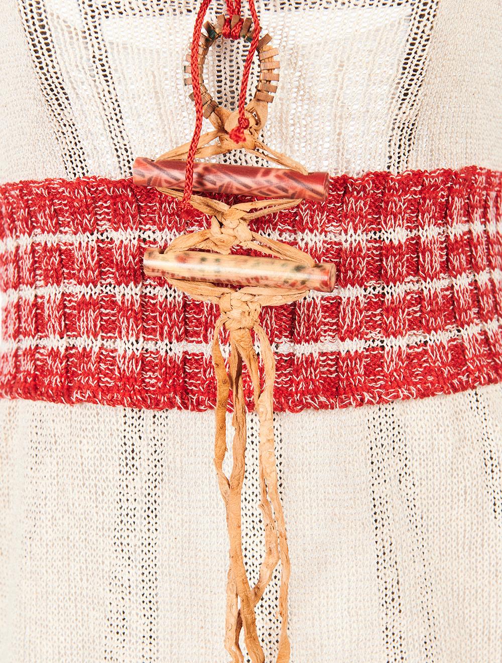 Save The Queen Vestito Corto In Maglia Avorio E Rosso E Dettagli In Legno