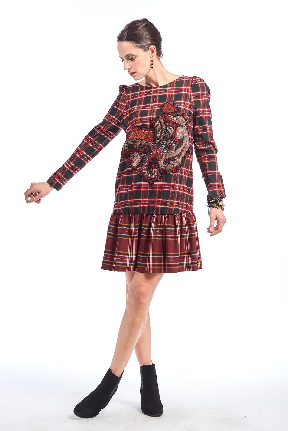 Save The Queen Vestito Corto In Tessuto Tartan Con Ricamo