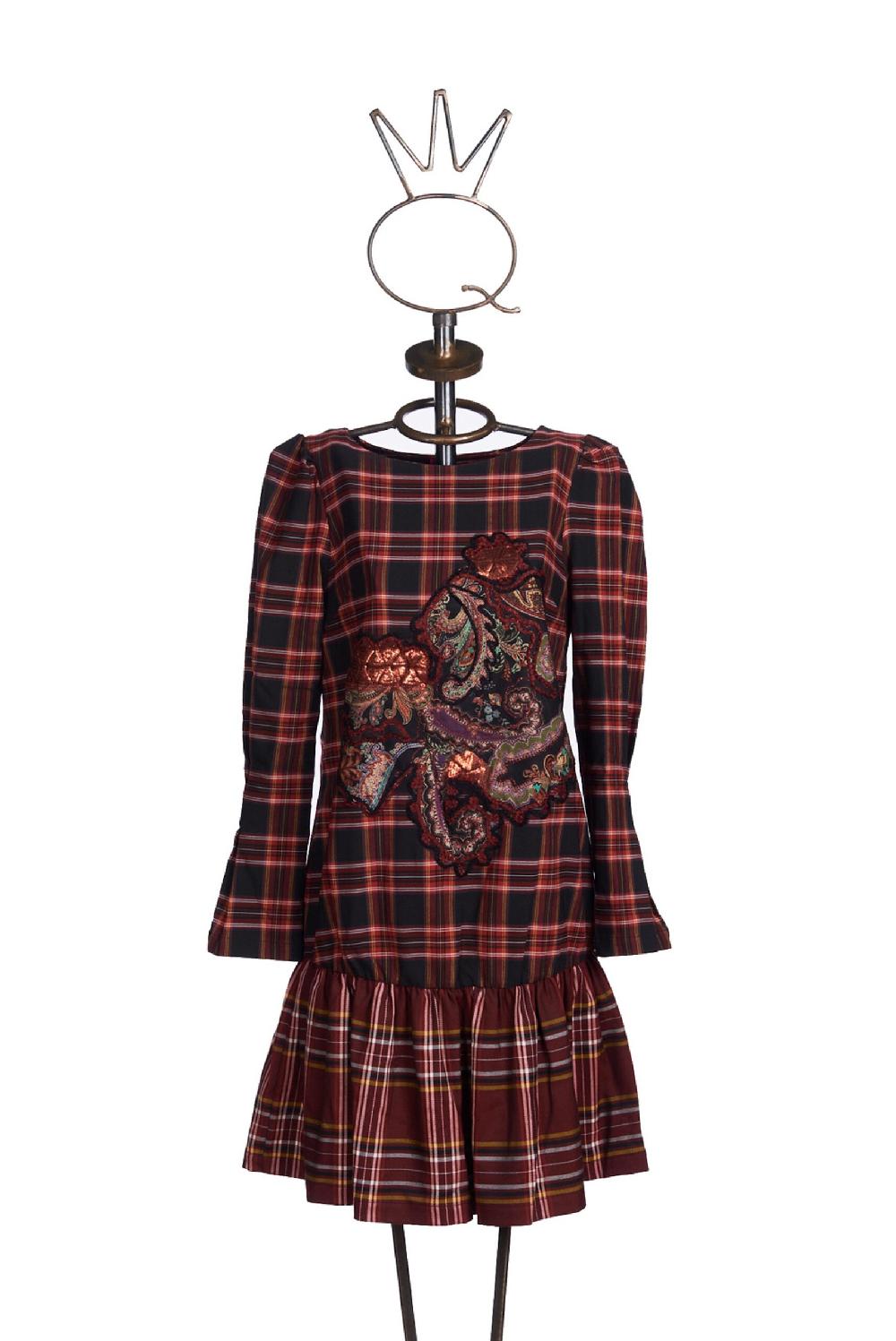 Save The Queen vestito corto in tessuto tartan con ricamo