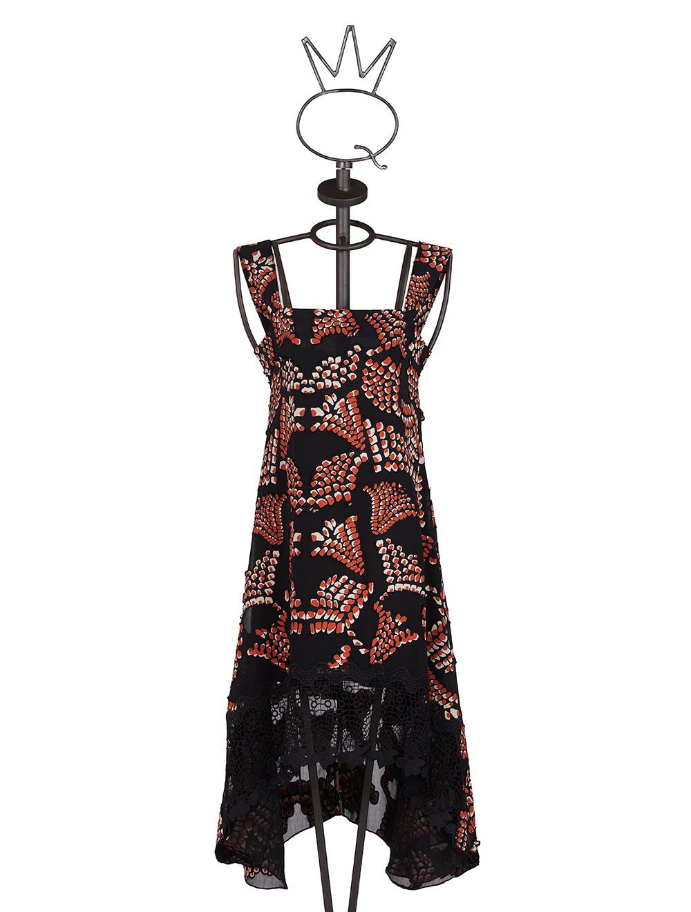 Save The Queen Vestito Longuette Asimmetrico In Tessuto Devoré Astratto E Pizzo Macramè