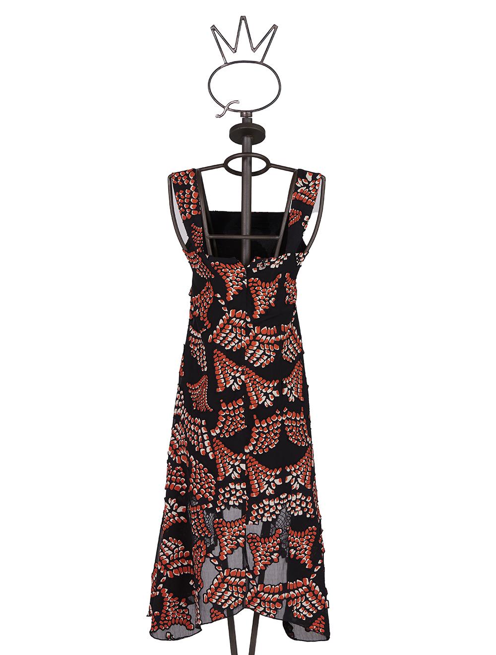 Save The Queen Vestito Longuette Asimmetrico In Tessuto Devoré Astratto E Pizzo Macramè