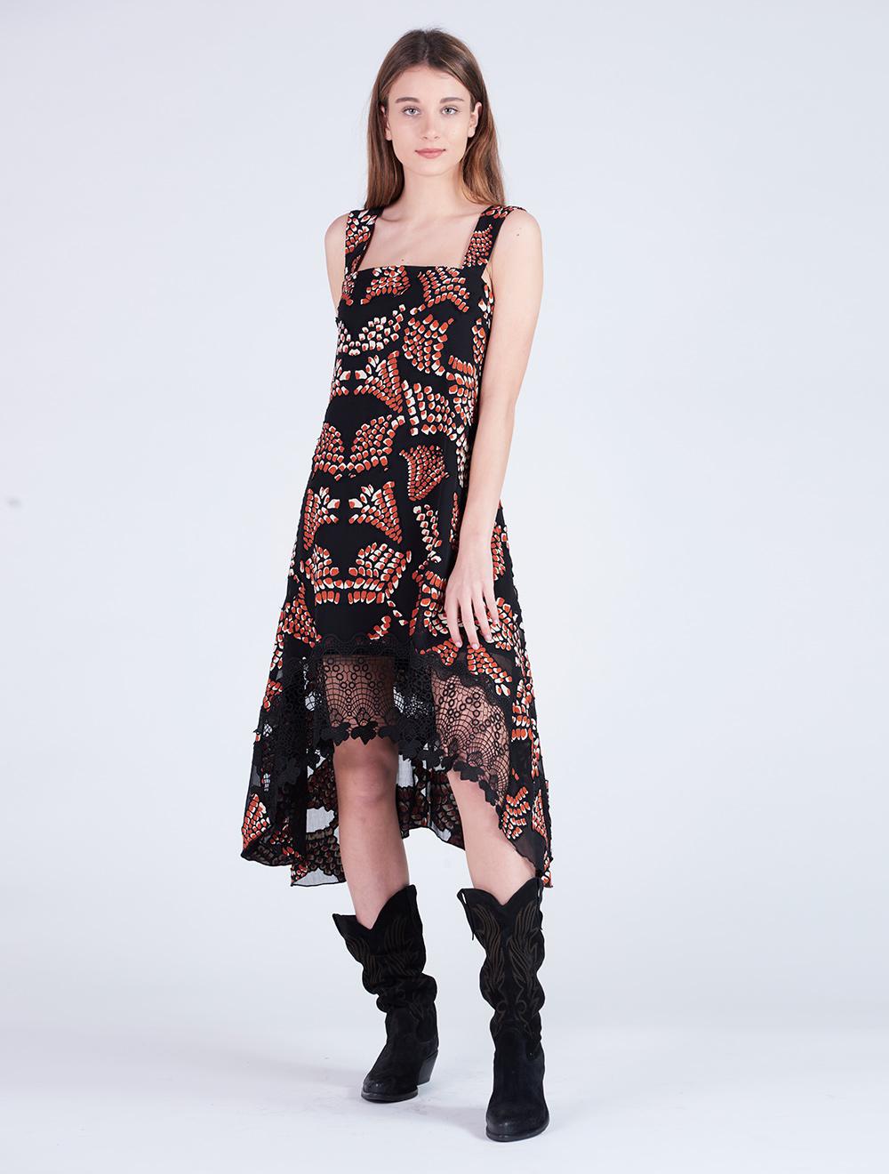 Save The Queen Vestito Longuette Asimmetrico In Tessuto Devoré Astratto E Pizzo Macramè