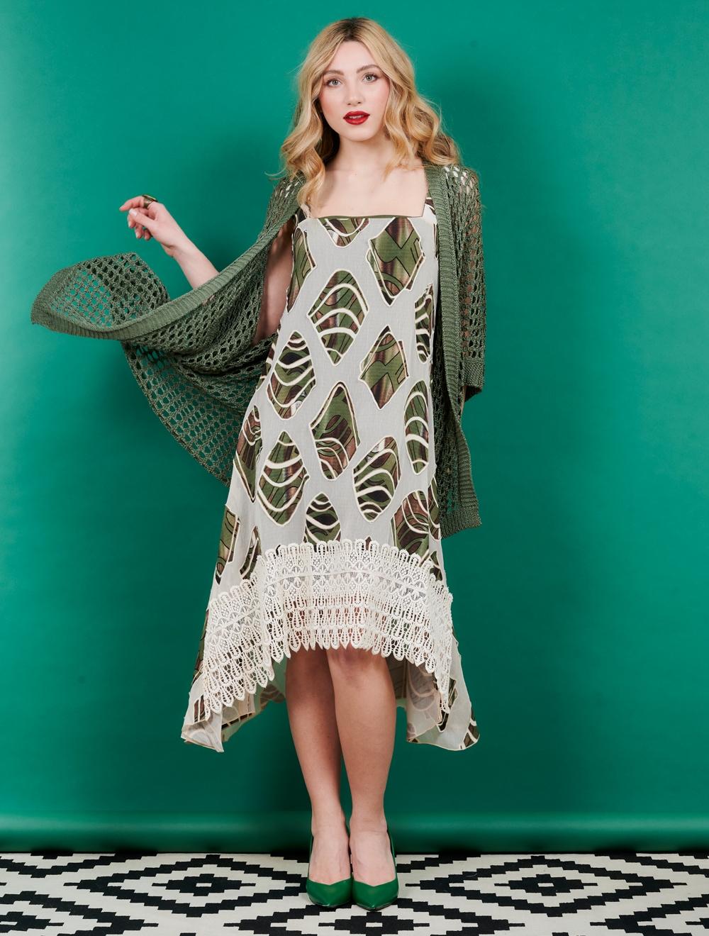 Save The Queen Vestito Longuette Asimmetrico In Tessuto Devoré Motivo Camouflage E Pizzo Macramè