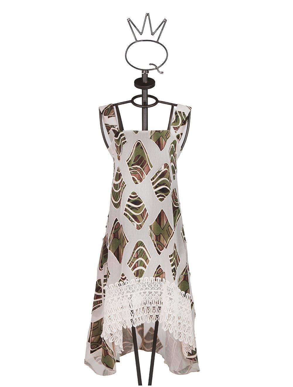 Save The Queen Vestito Longuette Asimmetrico In Tessuto Devoré Motivo Camouflage E Pizzo Macramè