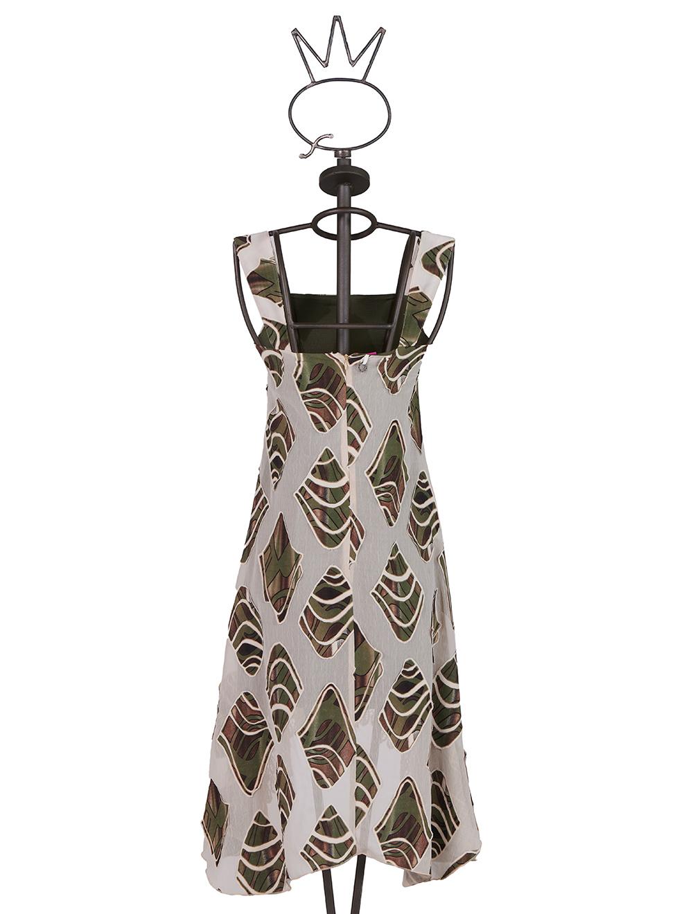 Save The Queen Vestito Longuette Asimmetrico In Tessuto Devoré Motivo Camouflage E Pizzo Macramè