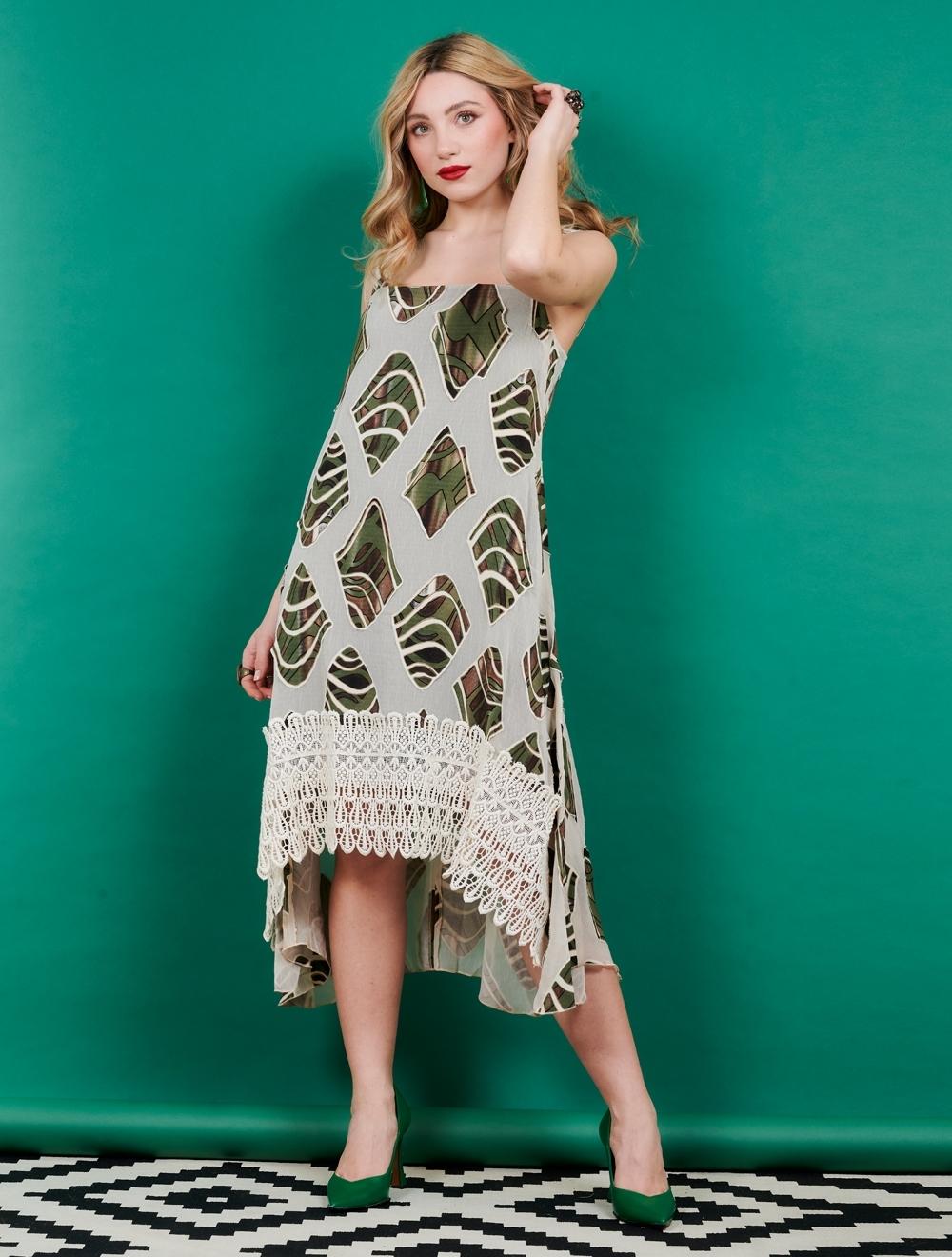 Save The Queen Vestito longuette asimmetrico in tessuto devoré motivo camouflage e pizzo macramè
