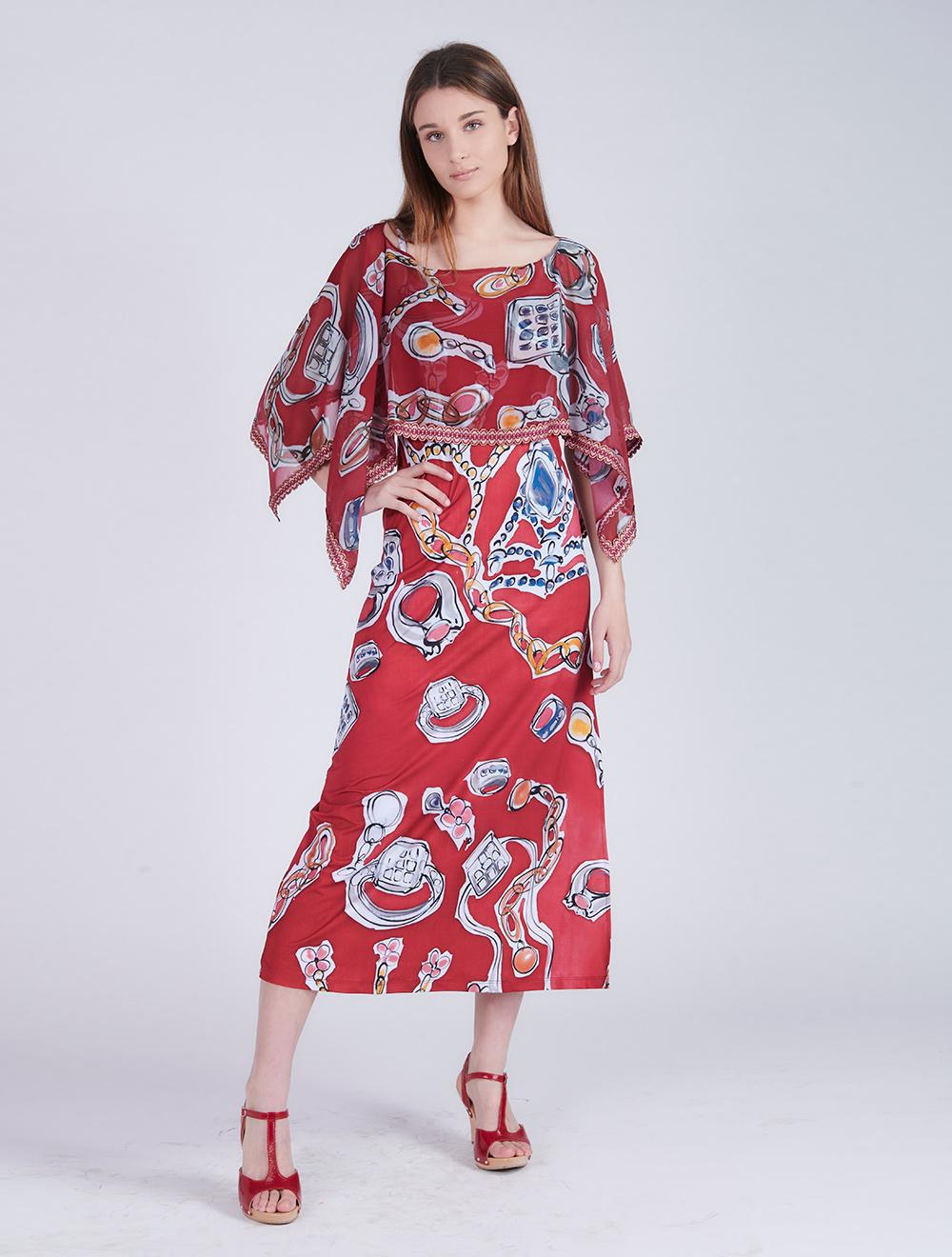 Save The Queen Vestito Lungo Con Stampa “anelli” E Poncho In Chiffon