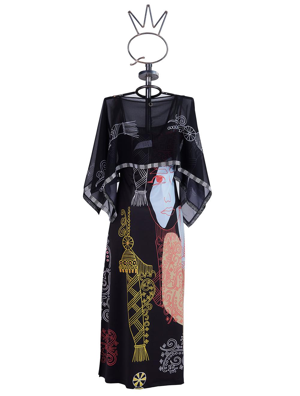 Save The Queen Vestito Lungo Con Stampa Astratta Dedicata Alle Donne Africane E Poncho In Tulle Operato