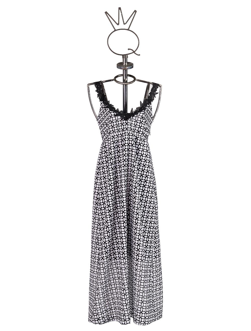 Save The Queen Vestito Lungo In Sangallo Di Cotone Bianco E Nero