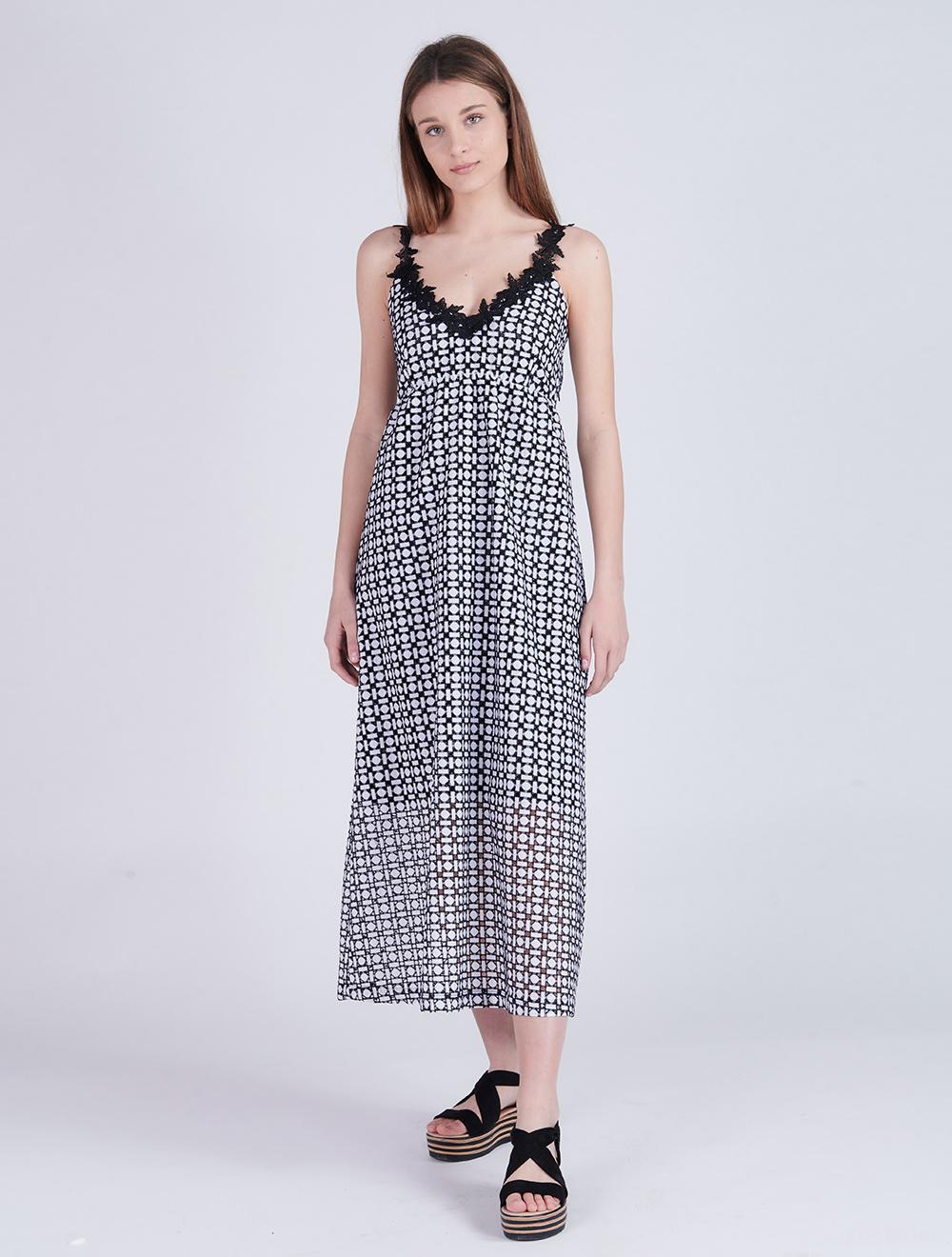 Save The Queen Vestito lungo in sangallo di cotone bianco e nero