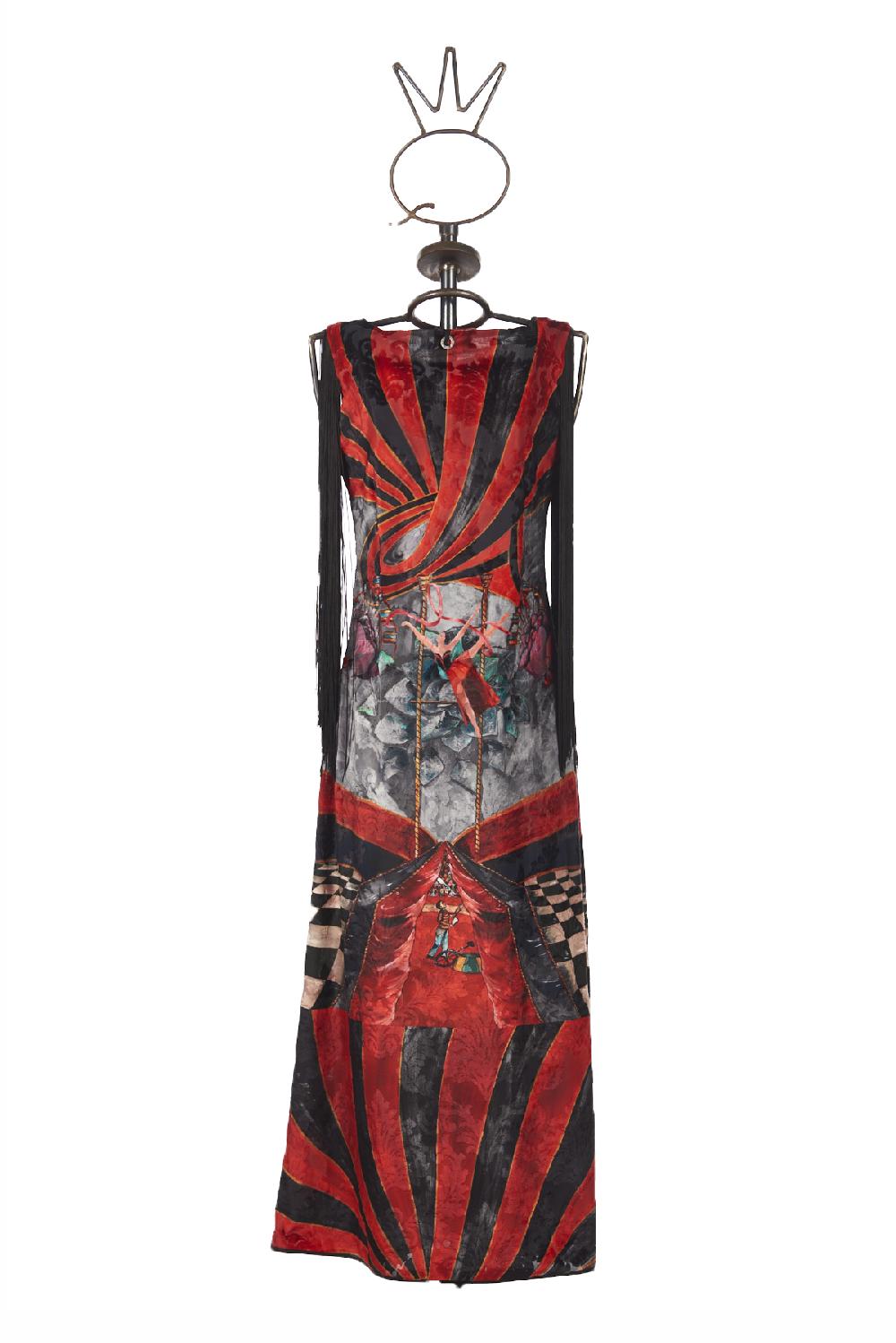 Save The Queen Vestito Lungo In Tessuto Devorè Con Stampa Dedicata Al Circo