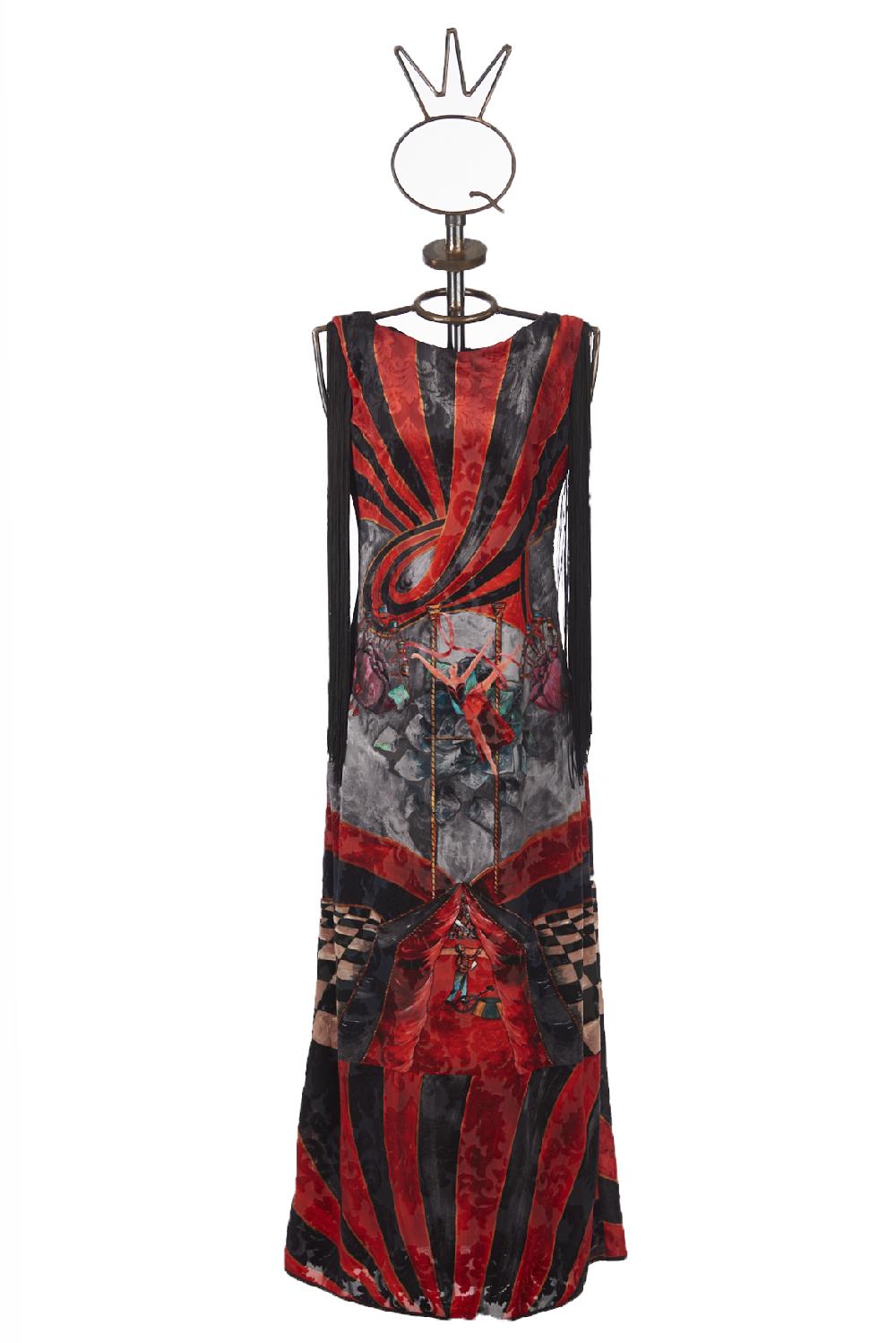 Save The Queen vestito lungo in tessuto devorè con stampa dedicata al Circo