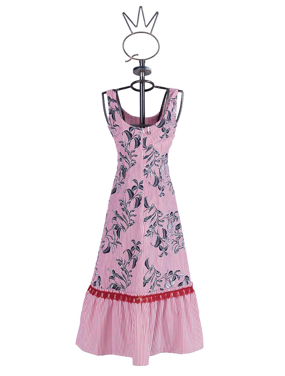 Save The Queen Vestito Lungo In Tessuto Di Cotone A Righe Ricamato