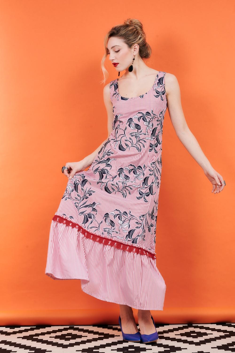 Save The Queen Vestito lungo in tessuto di cotone a righe ricamato