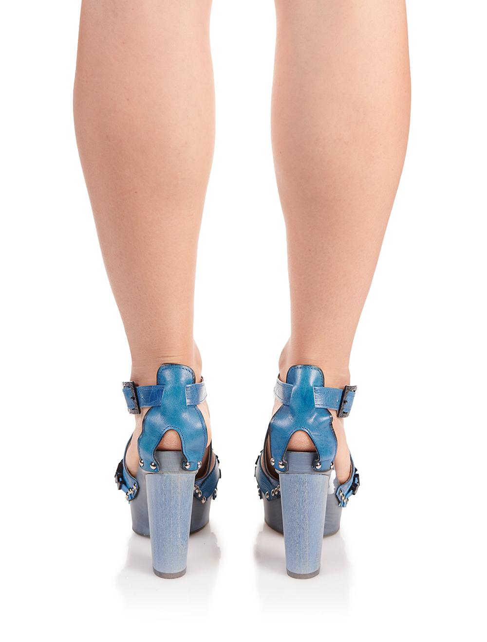 Save The Queen Zoccoli Blu In Legno E Pelle Con Fascia Decorata