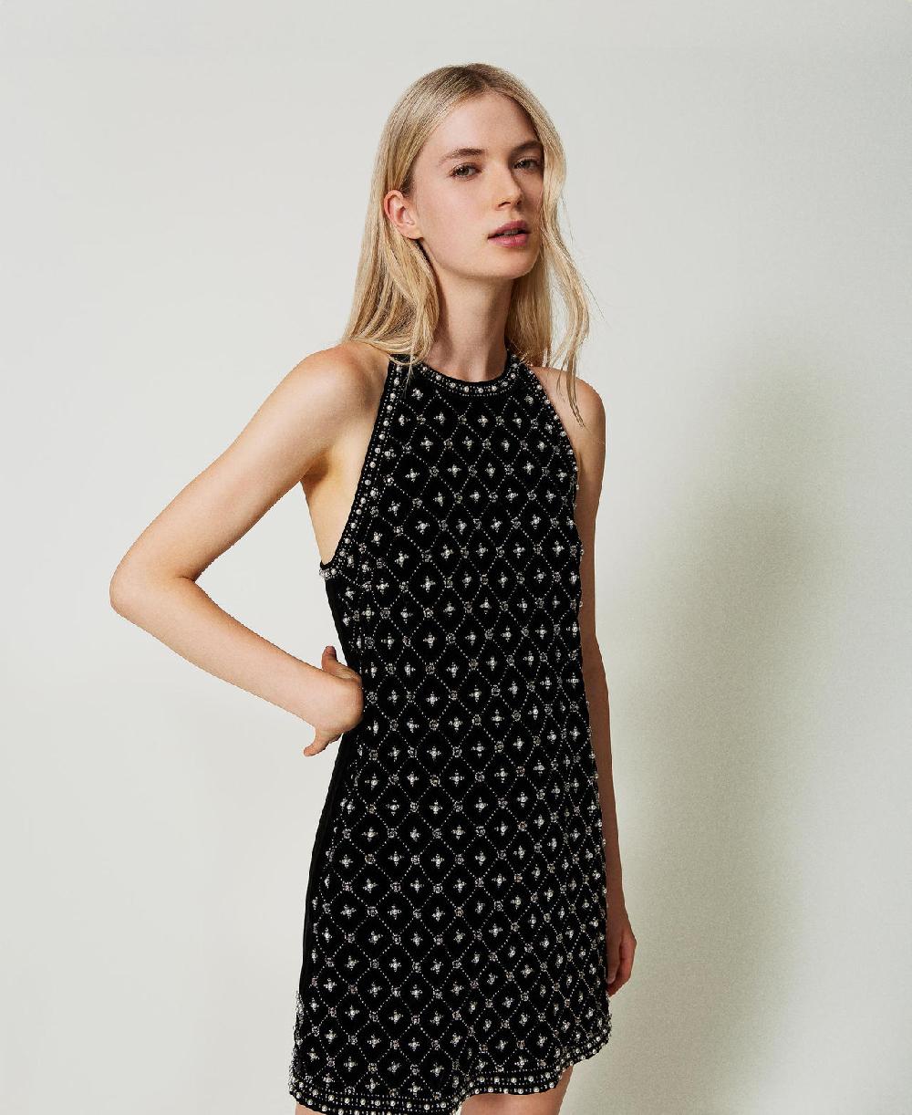 Scee By Twin Set Abito Corto Halter In Velluto Ricamato