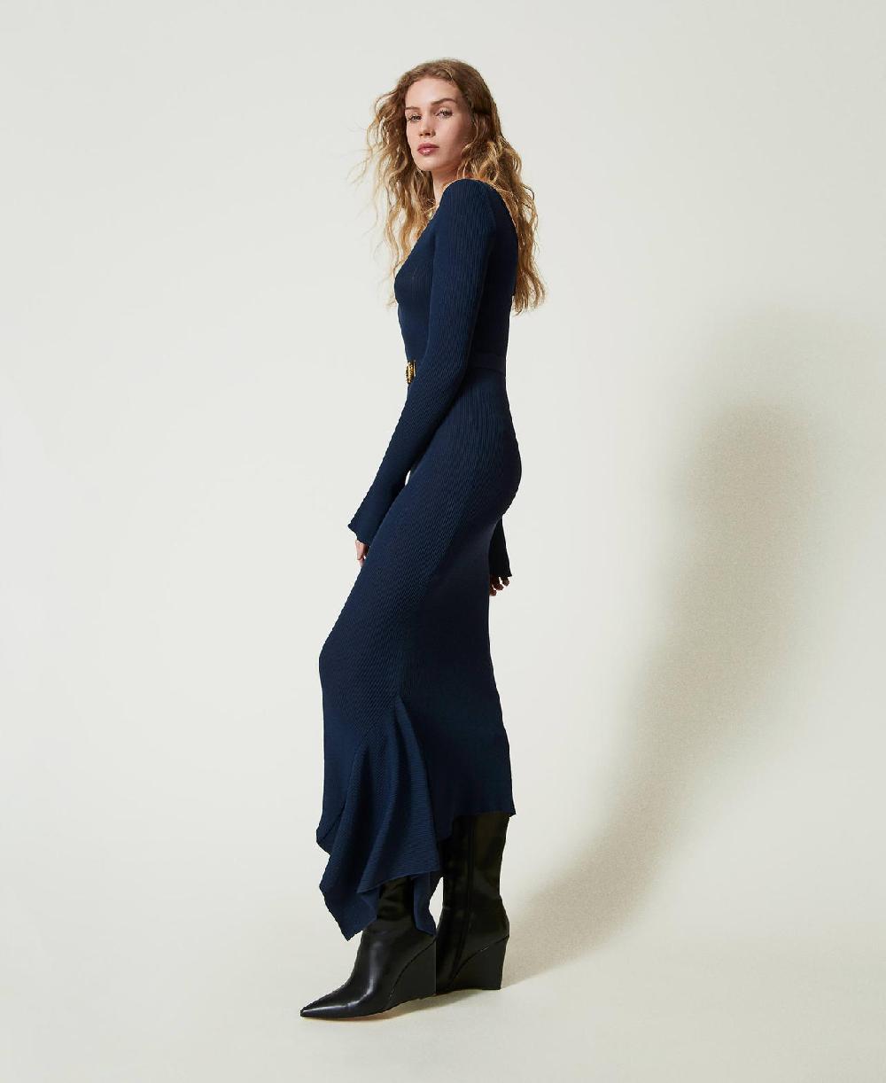 Scee By Twin Set Abito Longuette In Maglia Con Cintura E Volant