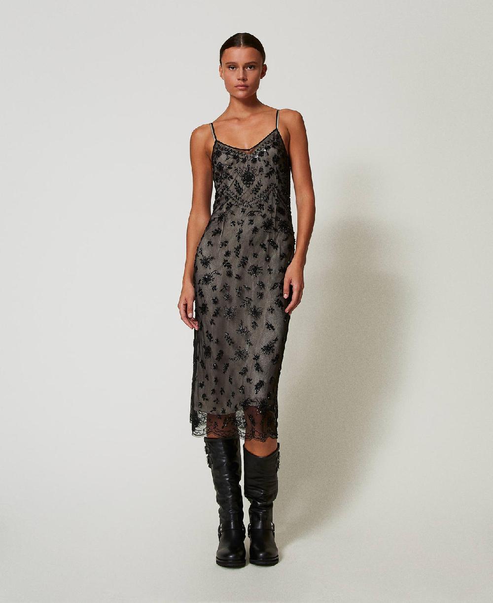 Scee By Twin Set Abito Longuette In Tulle Con Ricamo A Mano