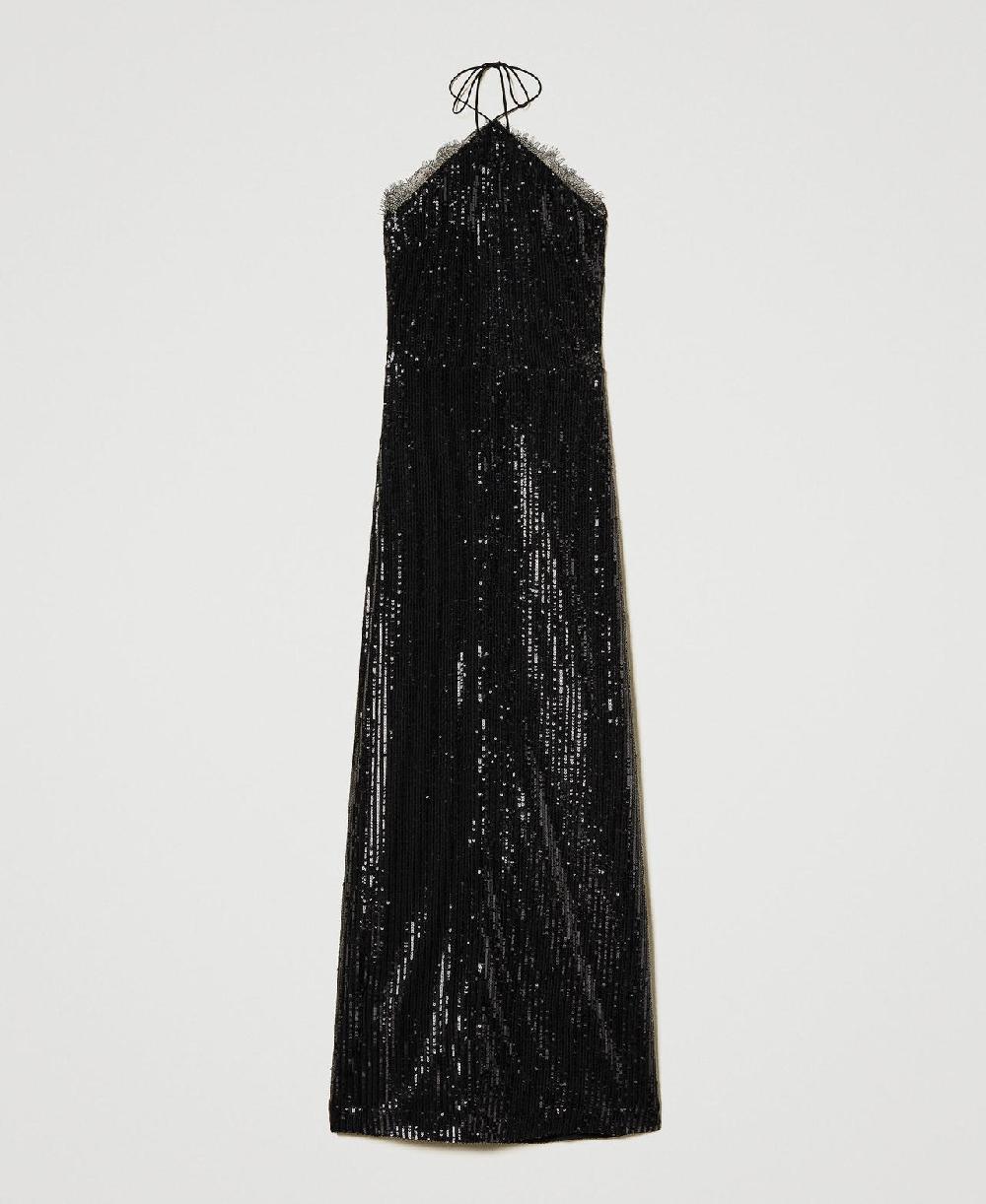 Scee by twin set Abito lungo in paillettes con pizzo