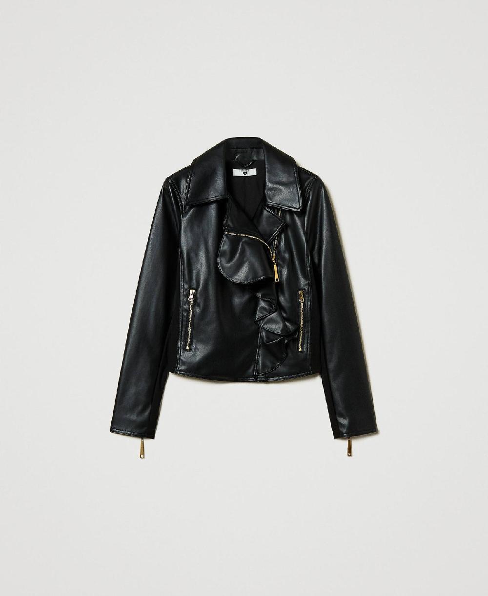 Scee by twin set Giacca chiodo effetto pelle con volant