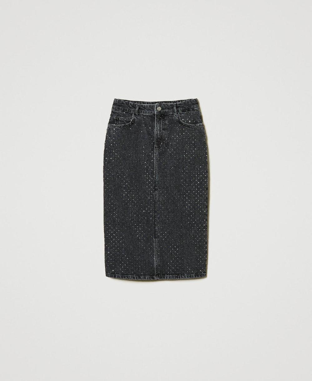 Scee by twin set Gonna longuette in jeans con strass