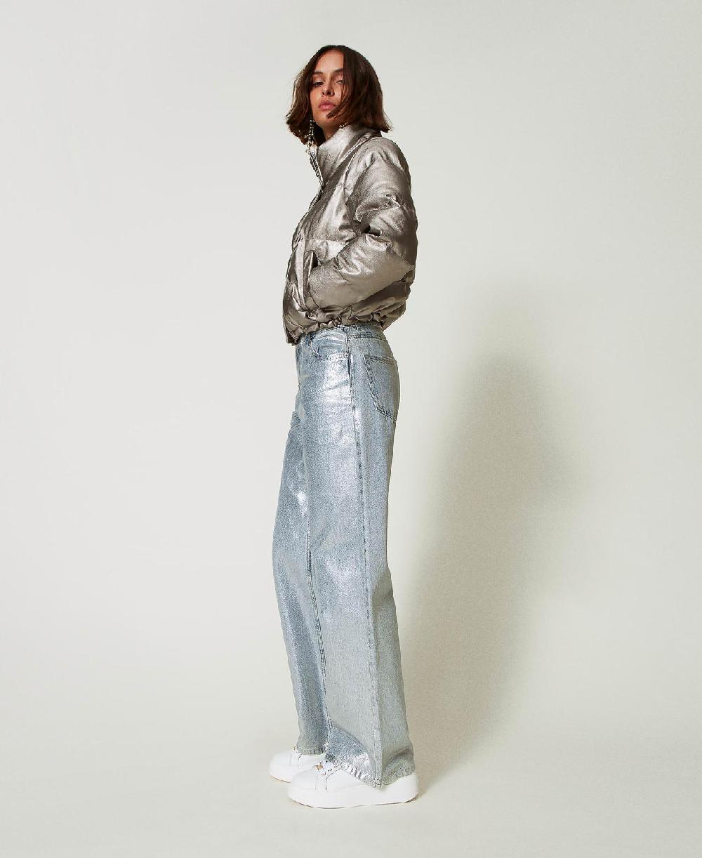 Scee By Twin Set Jeans Wide Leg Con Spalmatura Argento