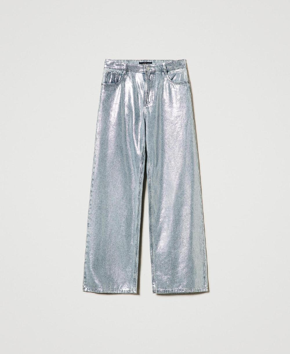 Scee by twin set Jeans wide leg con spalmatura argento