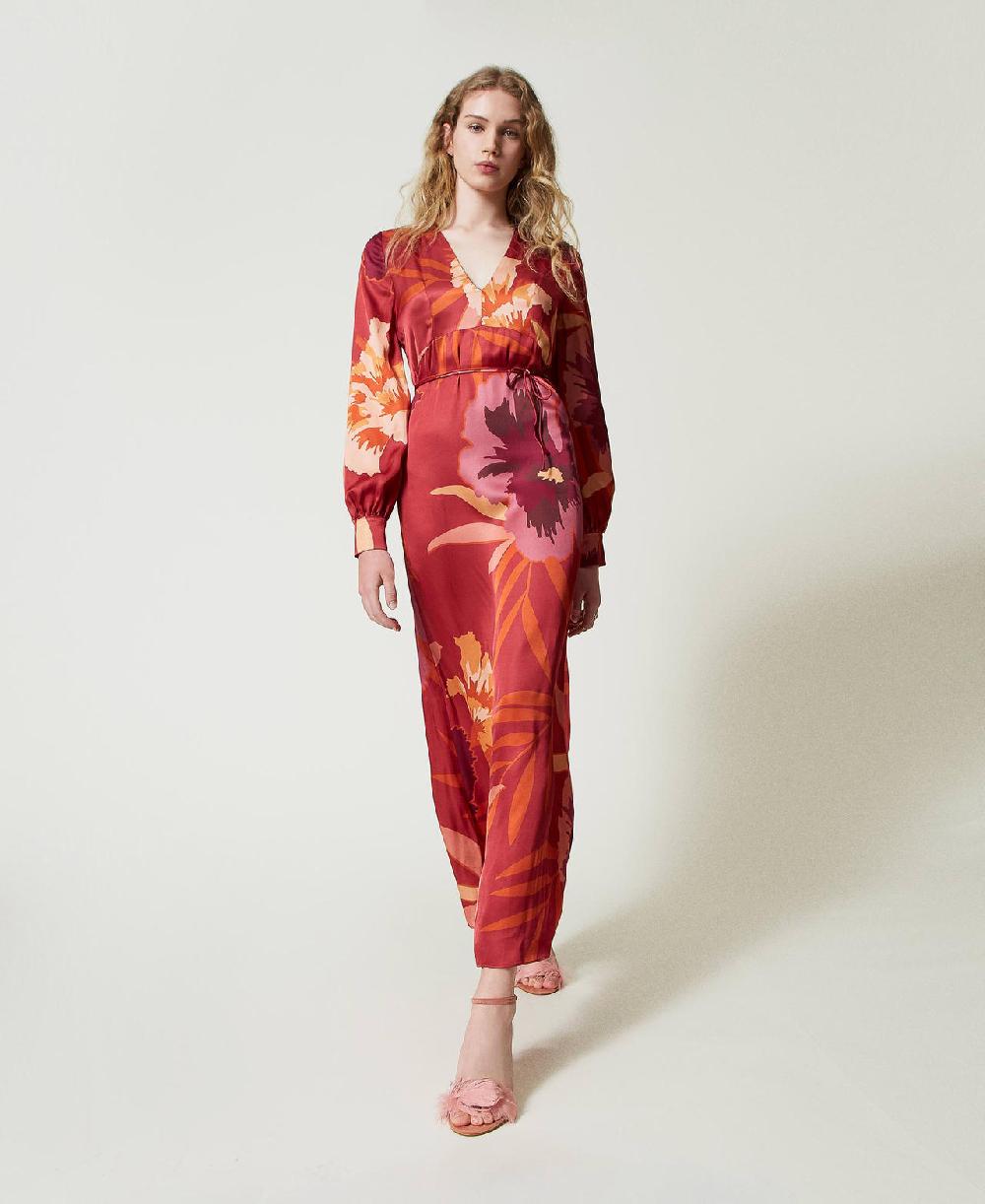 Scee By Twin Set Abito Lungo In Raso A Fiori