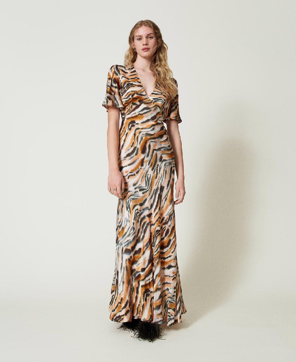 Scee By Twin Set Abito Lungo In Raso Animalier