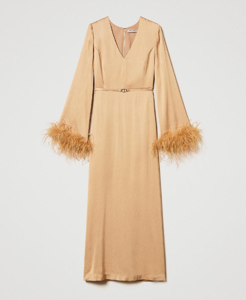 Scee by twin set Abito lungo in raso con piume
