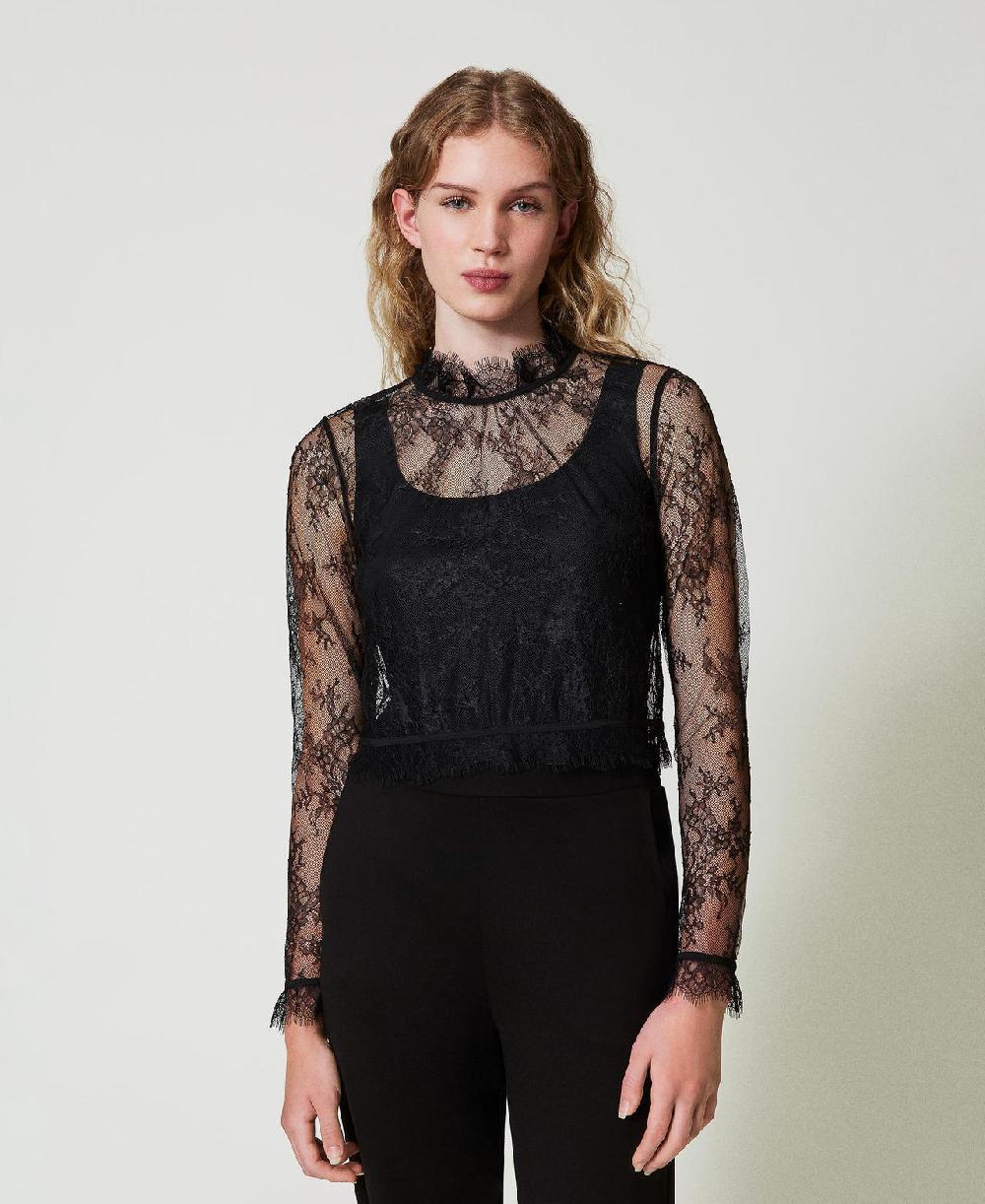 Scee By Twin Set Blusa Cropped In Pizzo E Top