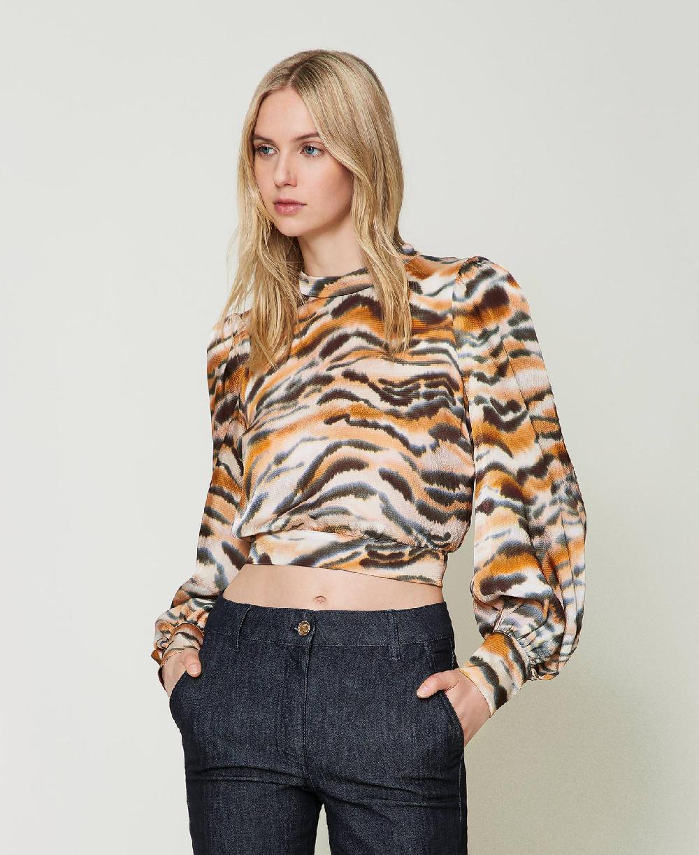 Scee By Twin Set Blusa Cropped In Raso Animalier