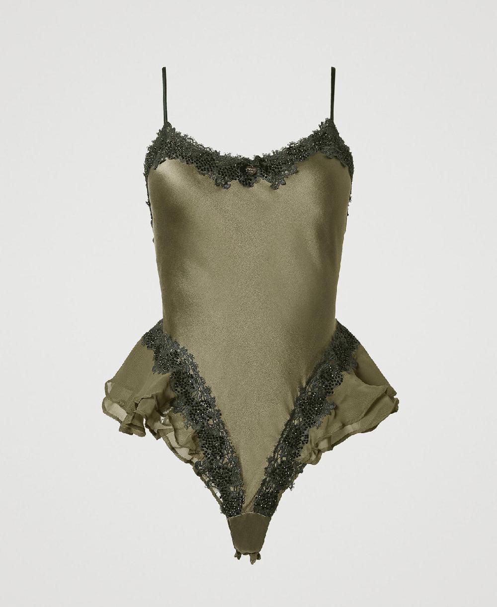 Scee by twin set Body in seta con macramè e strass