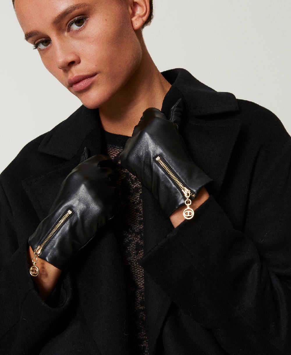 Scee by twin set Guanti in pelle con zip e Oval T
