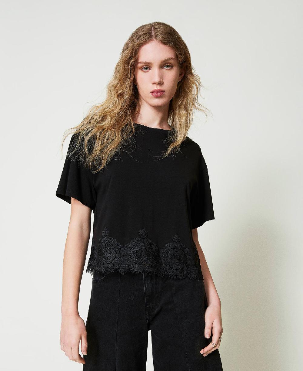 Scee By Twin Set T-shirt Cropped Con Pizzo Macramè