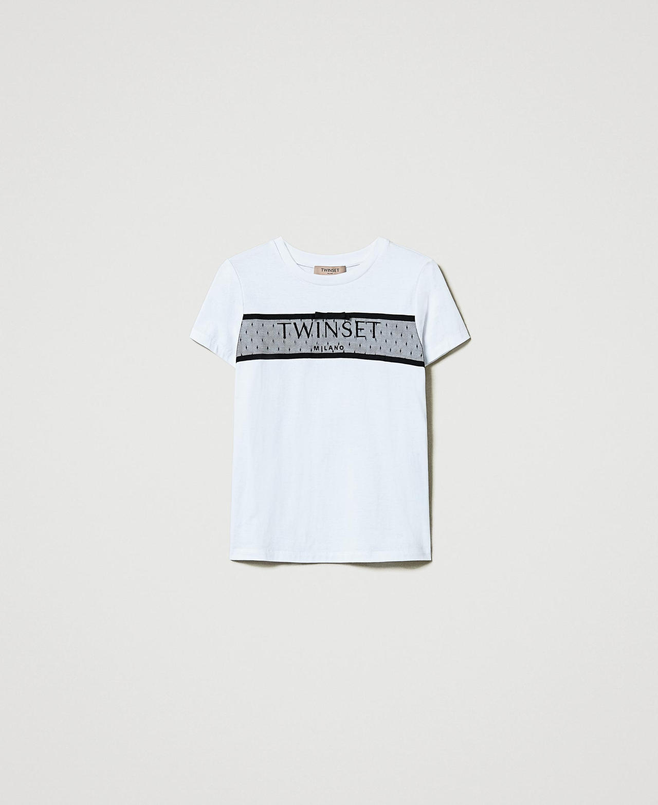 Scee by twin set T-shirt con balza in tulle e ricamo logo