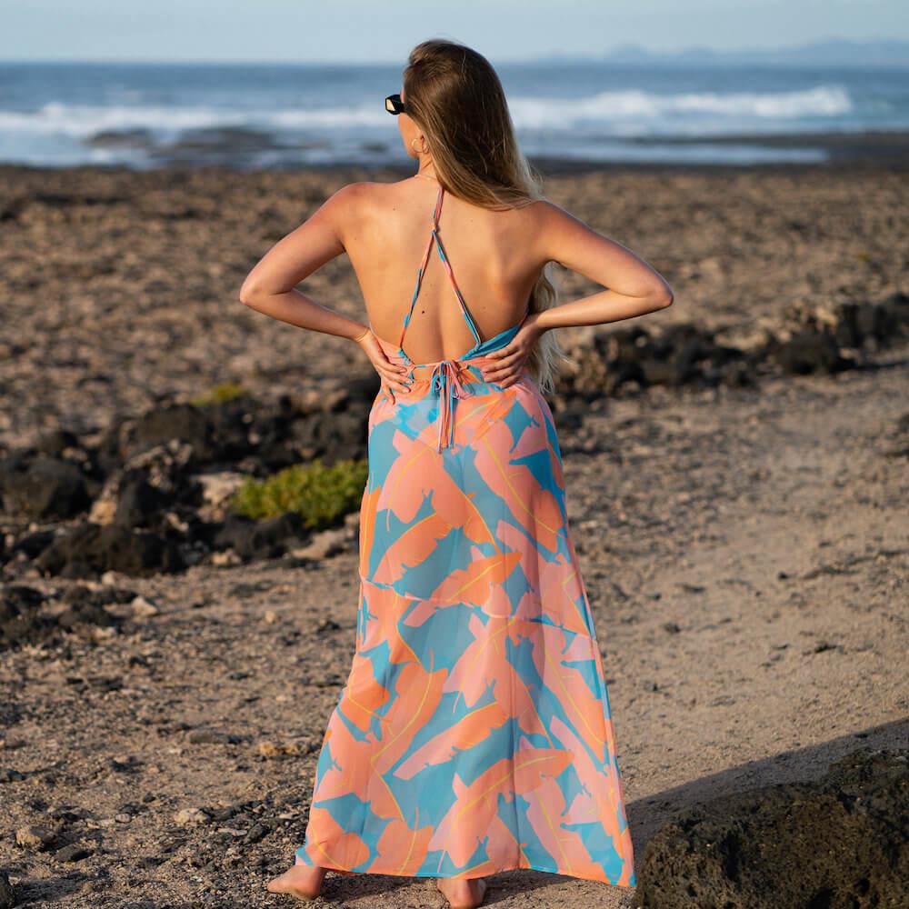 Seay / Abito Lungo Rosa Blu Foglie Banano