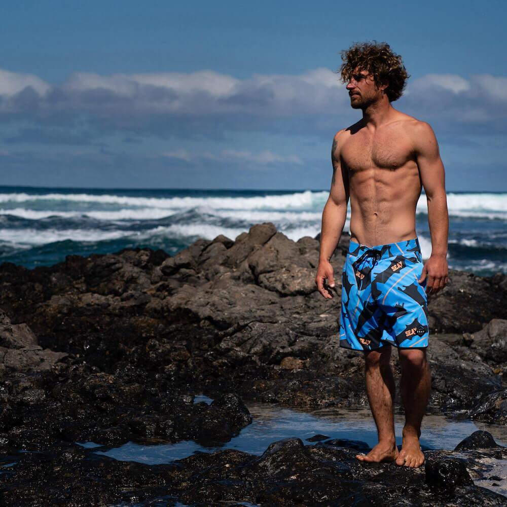 Seay / Boardshort Nero Blu Foglie Banano Alapai