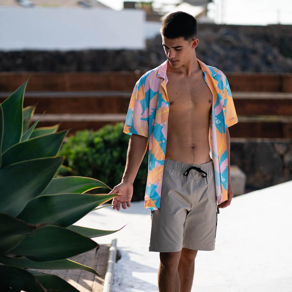 Seay / Camicia Hawaiana Rosa Blu Foglie Banano